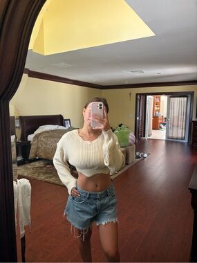 SHEIN Cream Open-Knit Cropped Sweater